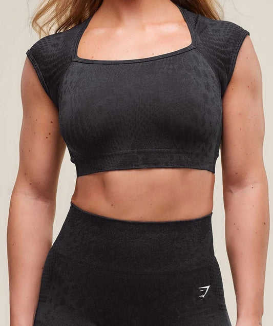 GYMSHARK Lebanon - Adapt X Whitney Animal Seamless Crop Top Black/Asphalt Grey - Front