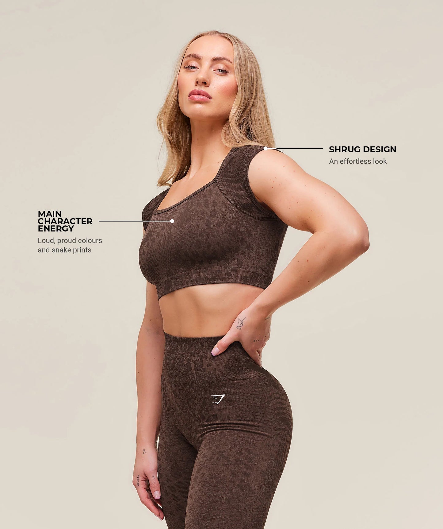 GYMSHARK Lebanon - Adapt X Whitney Animal Seamless Crop Top Brown - Front with info