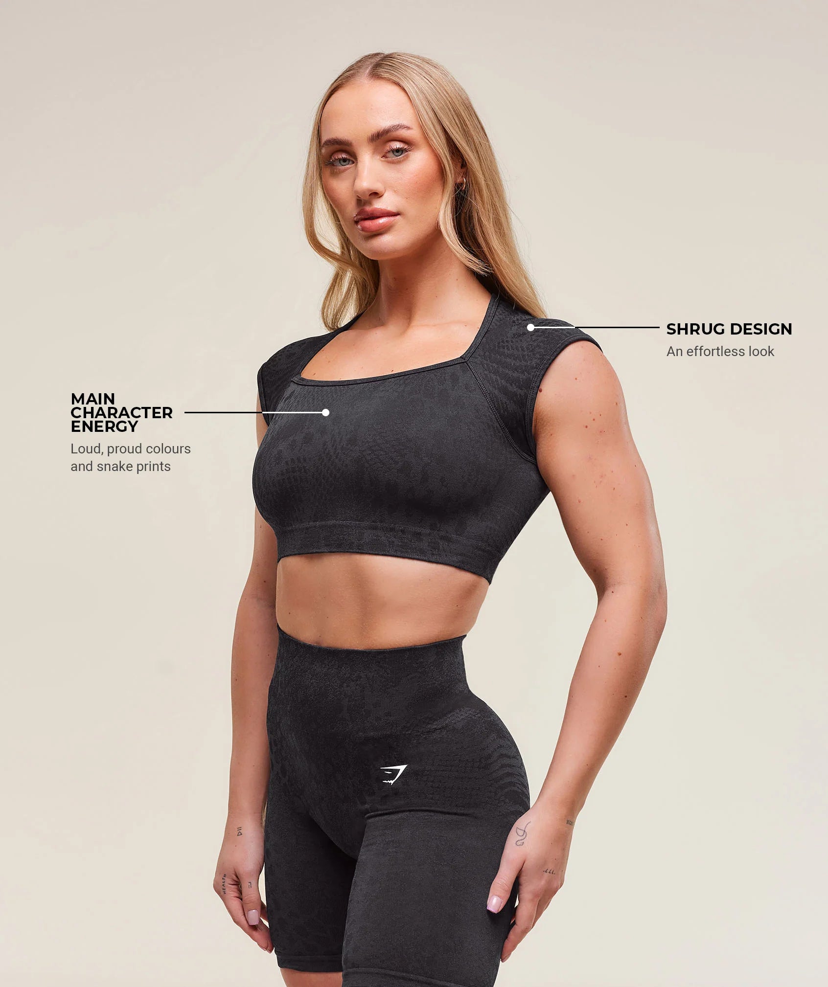 GYMSHARK Lebanon - Adapt X Whitney Animal Seamless Crop Top Black/Asphalt Grey - Front with info