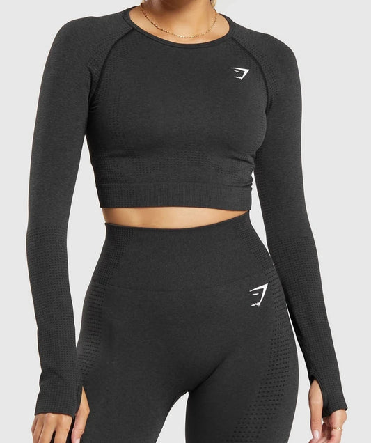 GYMSHARK Lebanon - Vital Seamless 2.0 Crop Top Black Marl - Front